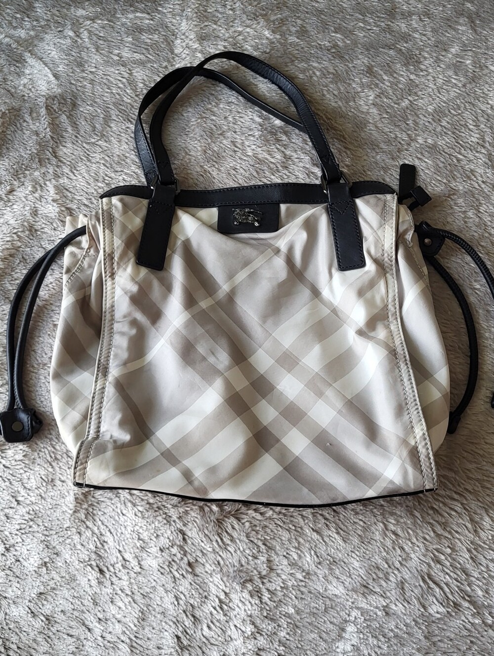 Burberry Beige Check Tote Bag with Black Trim